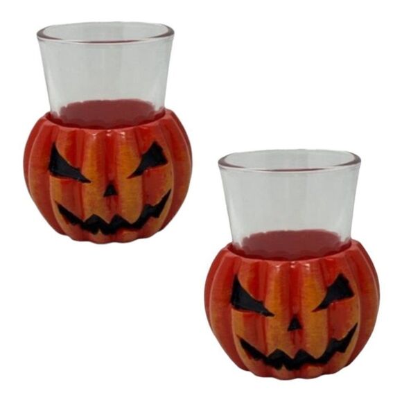 2 Halloween Pumpkin Jack O’Lantern Shooter Shot Glass Fall 2oz Horror Bar Party - Picture 1 of 7